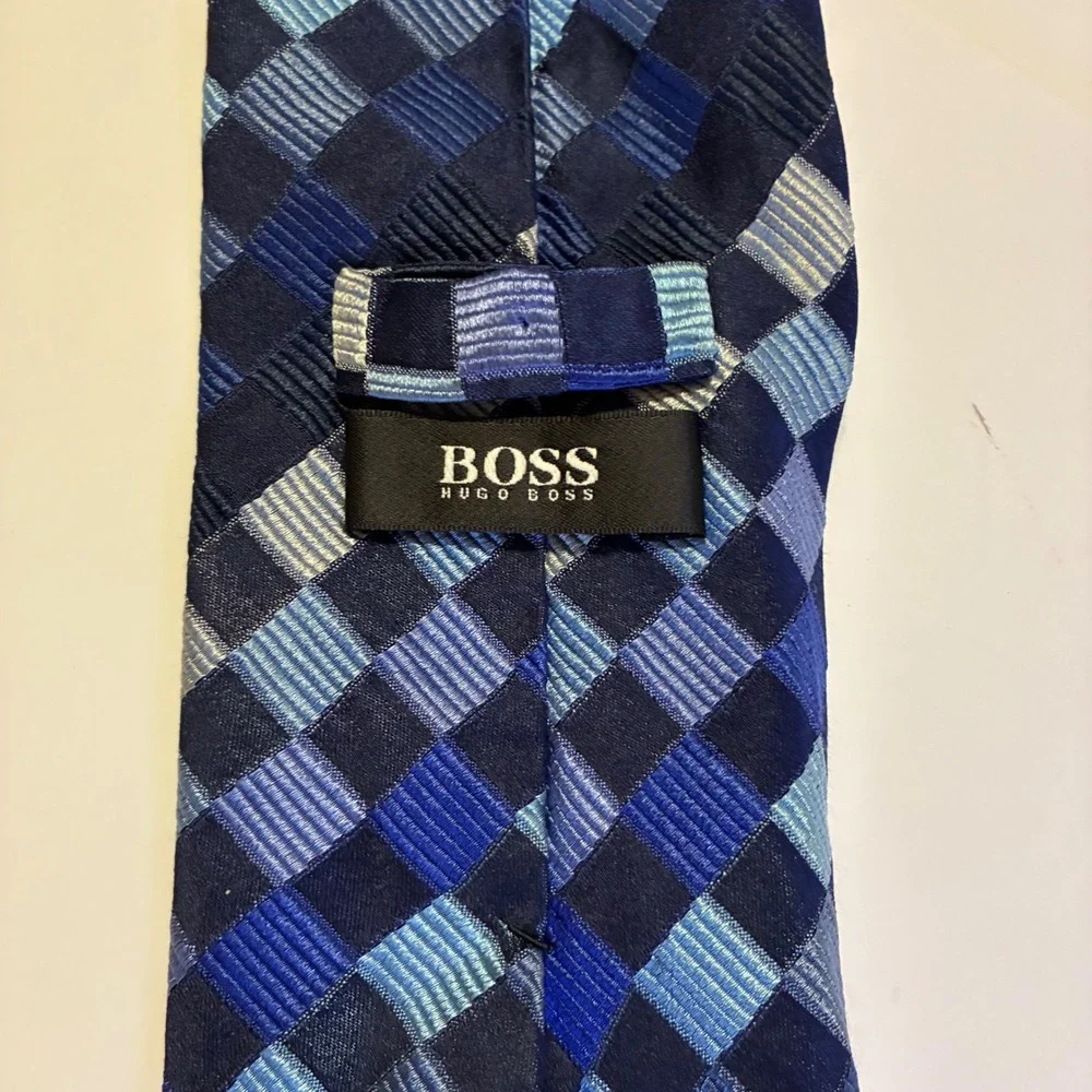 Boss Hugo Boss Silk Necktie Blue Checkered Geometric Made In Italy Blokecore 56